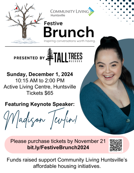 A poster for Community Living Huntsville's 2024 Festive Brunch presented by Tall Trees.