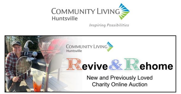 Community Living Huntsville logo, image of a smiling woman standing outside by a picnic table filled with home goods, and text that reads, "Revive and Rehome new and previously loved charity online auction."