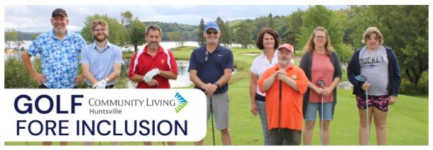 A group of 8 people on a golf course. Text reads: golf fore inclusion.