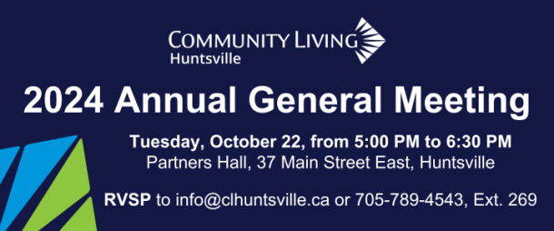 Poster for Community Living Huntsville's Annual General Meeting happening in October 2024.