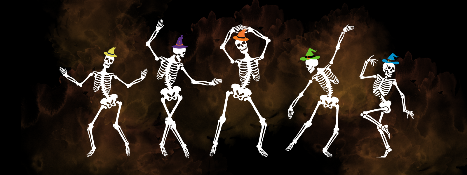 5 dancing, cartoon skeletons, each wearing a witch's hat of a different colour.