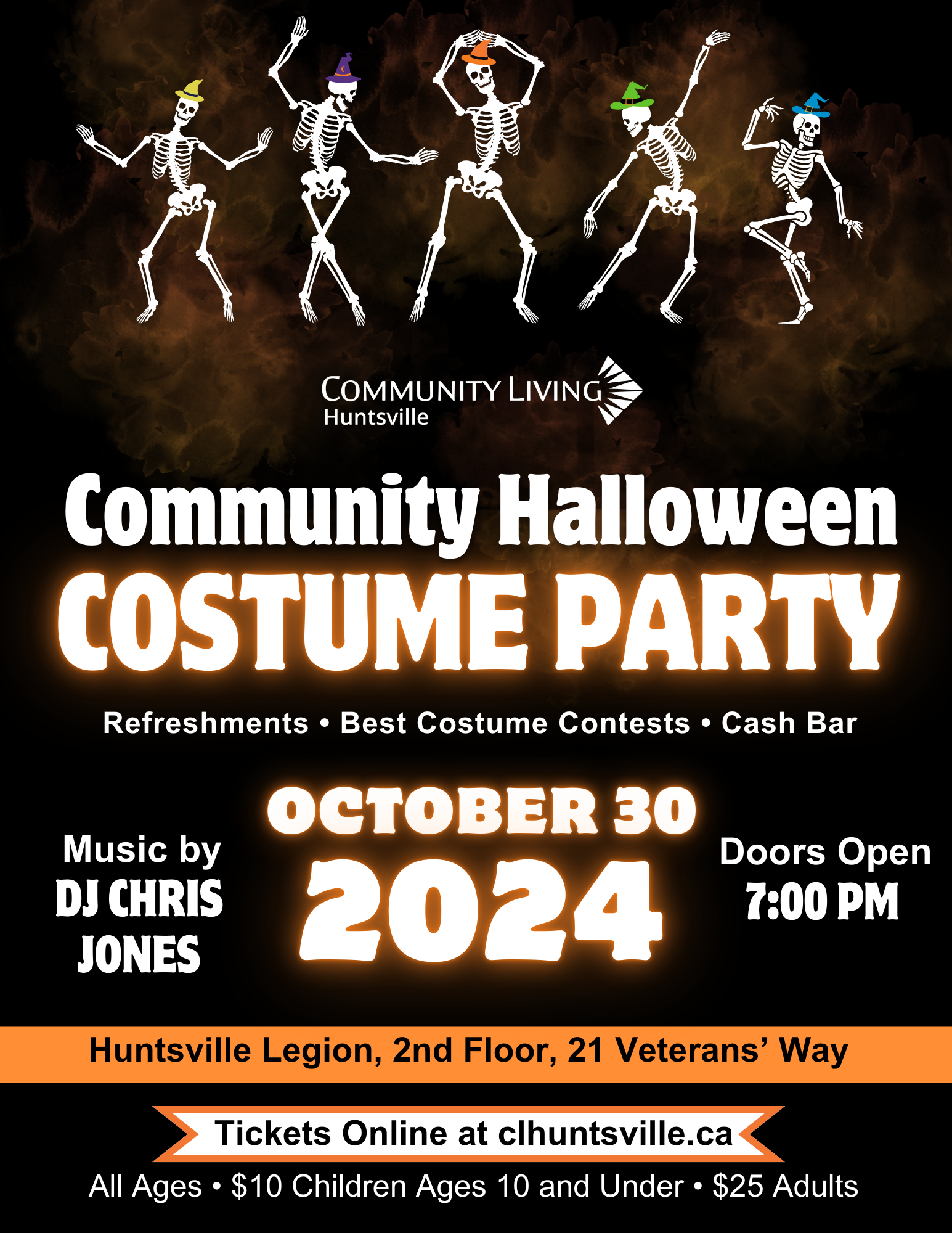 A poster for a Community Halloween Dance Party hosted by Community Living Huntsville in October 2024.