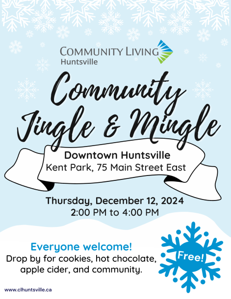 A poster for a Community Jingle and Mingle hosted by Community Living Huntsville in December 2024.