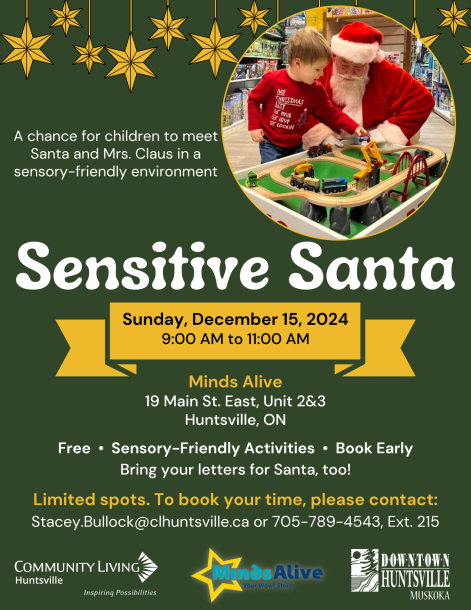 A poster for a Sensitive Santa event hosted by Community Living Huntsville, Minds Alive Toy Store and the Downtown Huntsville BIA in December 2024.