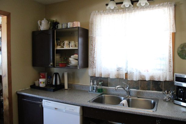 A dark kitchen sink area with brown cabinets, one is missing a door.