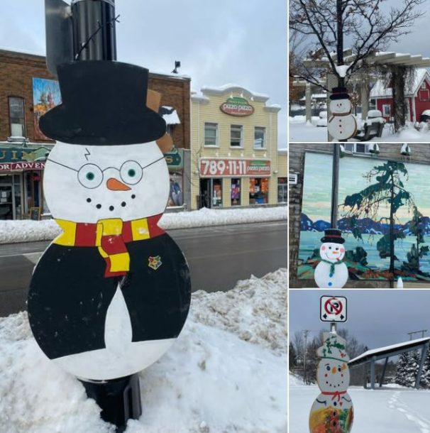 4-photo collages of wooden cutouts painted to look like snowmen.