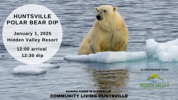 A poster for The Huntsville Polar Bear Dip happening in January 2025.